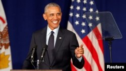 Former U.S. President Barack Obama speaks at the University of Illinois Urbana-Champaign in Urbana, Illinois, Sept. 7, 2018.