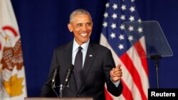 FILE - Former U.S. President Barack Obama speaks at the University of Illinois Urbana-Champaign in Urbana, Illinois, Sept. 7, 2018. 