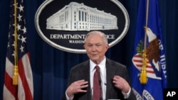 Attorney General Jeff Sessions speaks during a news conference at the Justice Department in Washington, Thursday, March 2, 2017. Sessions said he will recuse himself from a federal investigation into Russian interference in the 2016 White House election. (AP Photo/Susan Walsh)