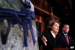 Sen. Dianne Feinstein, D-Calif., left, with Sen. Richard Blumenthal, D-Conn., speaks during a news conference about gun legislation on Capitol Hill in Washington, Oct. 4, 2017.