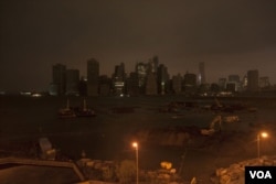 The New York City skyline in darkness as Hurricane Sandy hit Monday night