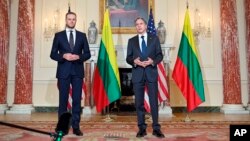 Secretary of State Antony Blinken, right, meets with Lithuania's Foreign Minister Gabrielius Landsbergis. (File)