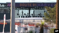 The sign at the Route 91 Harvest Music Festival venue Oct. 2, 2017, in Las Vegas. A deadly shooting Sunday left 59 dead at the music festival on the Las Vegas Strip.