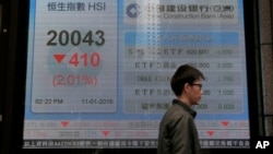 A man walks past an electronic board showing Hong Kong share index outside a local bank in Hong Kong, Jan. 11, 2016. 