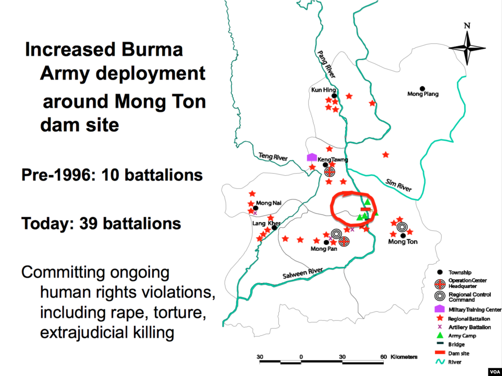 Burma Army deployments around the Mong Ton dam site.