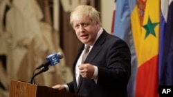 British Foreign Secretary Boris Johnson speaks to reporters at U.N. headquarters in New York, July 22, 2016. 