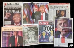 A montage of British newspaper front pages reporting on President-elect Donald Trump winning the American election are displayed in London, Nov. 10, 2016.