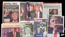 FILE - A montage of British newspaper front pages reporting on President-elect Donald Trump winning the American election are displayed in London, Nov. 10, 2016.