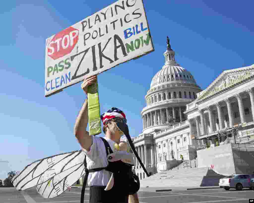Wearing a homemade mosquito costume, an expectant father from Washington who asked not to be named, protests&nbsp;on Capitol Hill in Washington, the lack of Congressional approval to fund a federal response to the Zika virus, Sept. 14, 2016.