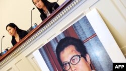 Bà Zhang Qing (trái), vợ của nhà hoạt động Guo Feixiong, và con gái Yang Tianjiao phát biểu tại buổi họp báo trước một phiên điều trần của Tiểu ban Ngoại giao Hạ viện ở Washington DC, ngày 29/10/2013.