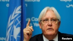 UN envoy Martin Griffiths attends a news conference ahead of Yemen talks at the United Nations in Geneva, Switzerland Sept. 5, 2018. 