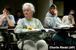 In this April 23, 2007 file photo, Nola Ochs sits in a class at Fort Hays State University in Hays, Kansas. Ochs, who became national news when she graduated from college at the age of 95.