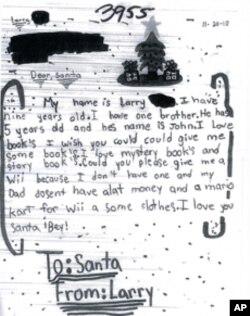 A sample of one of the two million letters to Santa received by the main post office in New York.