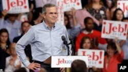 FILE - Former Florida Gov. Jeb Bush stands on the stage before announcing his bid for the Republican presidential nomination, at Miami Dade College in Miami, June 15, 2015. The federal election oversight agency has levied a fine against the Super PAC that backed Bush.