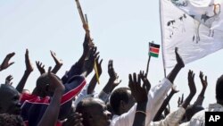 Abyei residents wave South Sudanese flags after voting overwhelmingly in a referendum held in Oct. 2013 to join South Sudan.