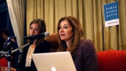 FILE - Sarah Leah Whitson (r), then the Human Rights Watch MENA director, speaks during a press conference in Sanaa, Yemen, Jan. 27, 2014.