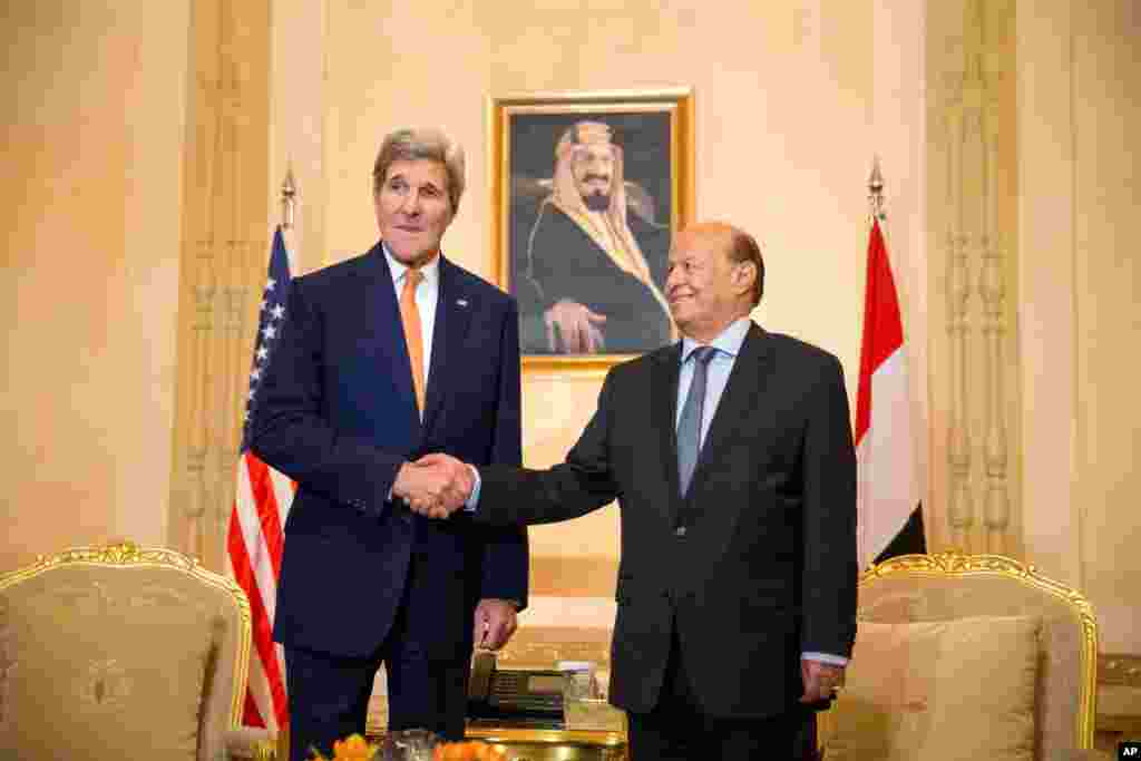 U.S. Secretary of State John Kerry is in Saudi Arabia to secure a five-day cease-fire in the Yemen conflict. He met with the king and other top officials, stating that increased shortages of food, fuel and medicine are adding to a crisis that already has neighboring countries bracing for a mass exodus of refugees, in Riyadh, Saudi Arabia, May 7, 2015.