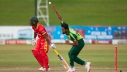 Pakistan bowler Hassan Ali bowls during the final cricket T20 match against Zimbabwe at Harare Sports Club, Sunday, April, 25, 2021.(AP Photo/Tsvangirayi Mukwazhi)