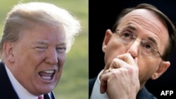 FILE - This combination of pictures created on March 17, 2018 shows U.S. President Donald Trump (L) and Deputy Attorney General Rod Rosenstein.