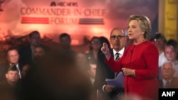 Democratic presidential candidate Hillary Clinton speaks during a "commander in chief forum" hosted by NBC in New York, Sept. 7, 2016. 