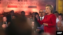 Democratic presidential candidate Hillary Clinton speaks during the Commander-in-Chief Forum hosted by NBC in Manhattan, New York, Sept. 7, 2016.