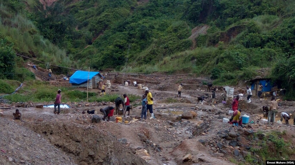 A kamituga les adultes et enfants dans le carré minier de Chanda, en RDC, le 23 mars 2017. (VOA/Ernest Muhero)