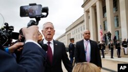 Defense Secretary James Mattis answers a question from members of the Polish media, before a arrival ceremony for Poland's Minister of Defense Mariusz Blaszczak, April 27, 2018, at the Pentagon.