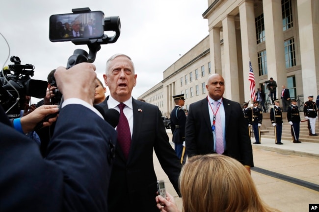Defense Secretary James Mattis answers a question from members of the Polish media, before a arrival ceremony for Poland's Minister of Defense Mariusz Blaszczak, April 27, 2018, at the Pentagon.