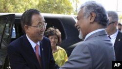 UN Secretary General Ban Ki-moon, left, is greeted by East Timorese PM Xanana Gusmao prior to their meeting in Dili, East Timor, August 15, 2012.