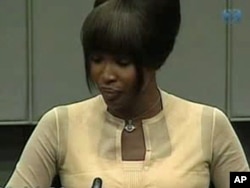 Naomi Campbell in the pressroom of the U.N.-backed Special Court for Sierra Leone in Leidschendam, Netherlands.
