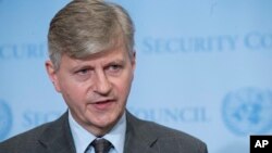 FILE - United Nations Undersecretary-General for Peacekeeping Operations Jean-Pierre Lacroix speaks to reporters at United Nations headquarters, April 25, 2018.