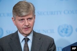 FILE - United Nations Undersecretary-General for Peacekeeping Operations Jean-Pierre Lacroix speaks to reporters at United Nations headquarters, April 25, 2018.