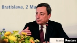 President of the European Central Bank Mario Draghi attends a news conference during the Meeting of the Governing Council of the European Central Bank, in Bratislava, Slovakia, May 2, 2013.