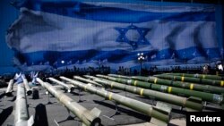 FILE - Israeli rockets are seen on display at a base in the Red Sea resort city of Eilat March 10, 2014.