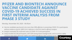 星期一（11月9日），辉瑞制药在网页宣布新冠疫苗利好消息。（辉瑞制药网页截屏）