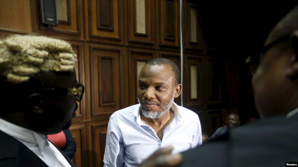 FILE - Indigenous People of Biafra leader Nnamdi Kanu at the federal high court in Abuja, Nigeria Jan. 20, 2016. 