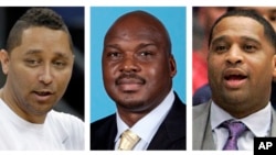 Tiga asisten pelatih basketball perguruan tinggi AS, dari kiri: Tony Bland (Universitas Southern California), Chuck Person (Auburn) dan Emanuel Richardson (Arizona) termasuk dalam 10 nama yang dituduh terlibat korupsi. 