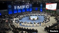 IMF總裁拉加德在利馬召開的2015年IMF/世行年會上講話。 (2015年10月9日)