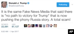 In this April 1, 2017, tweet, President Donald Trump talks about the news media and what he calls "fake news."