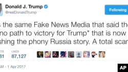 Tweet de 1 de Abril, 2017, em que o Presidente Donald Trump fala sobre os media noticiosos e sobre o que ele considera "fake news." (notícias falsas)