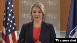 美國國務院發言人希瑟諾爾特女士星期三在外國記者中心的記者會上。