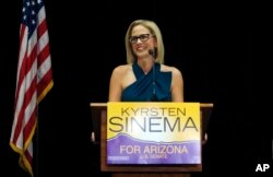 U.S. Sen.-elect Kyrsten Sinema, Democrat-Arizona, declares victory over Republican challenger U.S. Rep. Martha McSally, Nov. 12, 2018, in Scottsdale, Arizona.