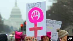 Women rally at Freedom Plaza during the Women's March in Washington, Jan. 19, 2019. 