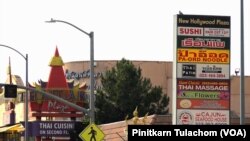 Signs advertise of Thai restaurants along Hollywood Boulevard in Thai Town Los Angeles, CA (March, 2019)