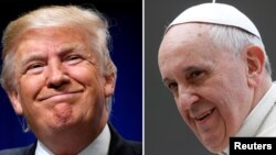 A combination of file photos shows Donald Trump (L) speaking at a campaign event in Charlotte, North Carolina, July 26, 2016, and Pope Francis looking on during his Wednesday general audience at Saint Peter's Square, March 19, 2014. 