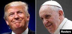 A combination of file photos shows Donald Trump (L) speaking at a campaign event in Charlotte, North Carolina, July 26, 2016, and Pope Francis looking on during his Wednesday general audience at Saint Peter's Square, March 19, 2014.