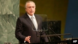 Brazilian President Michel Temer speaks during the United Nations General Assembly at U.N. headquarters, Sept. 19, 2017. 