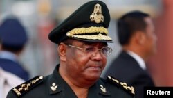 Hing Bun Hieng, the commander of Cambodian Prime Minister Hun Sen's bodyguard unit, stands at the International Airport of Phnom Penh as he accompanies Prime Minister Hun Sen to Singapore for the 32nd ASEAN Summit, in Phnom Penh, Cambodia, April 27, 2018.