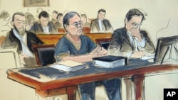 In this March 25, 2019 courtroom sketch, former Hong Kong home affairs secretary Dr. Chi Ping Patrick Ho, center, is sentenced to three years in prison after he was convicted of paying bribes to presidents of two African countries in a United Nations-linked case., in New York.
