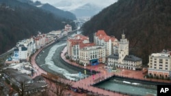 FILE - An aerial view of the ski resort of Rosa Khutor in Sochi, which hosted Olympic skiing in 2014, Russia, and benefited from an estimated $51 billion spent by the Russian government on the Olympics and related infrastructure, Jan. 12, 2018. 